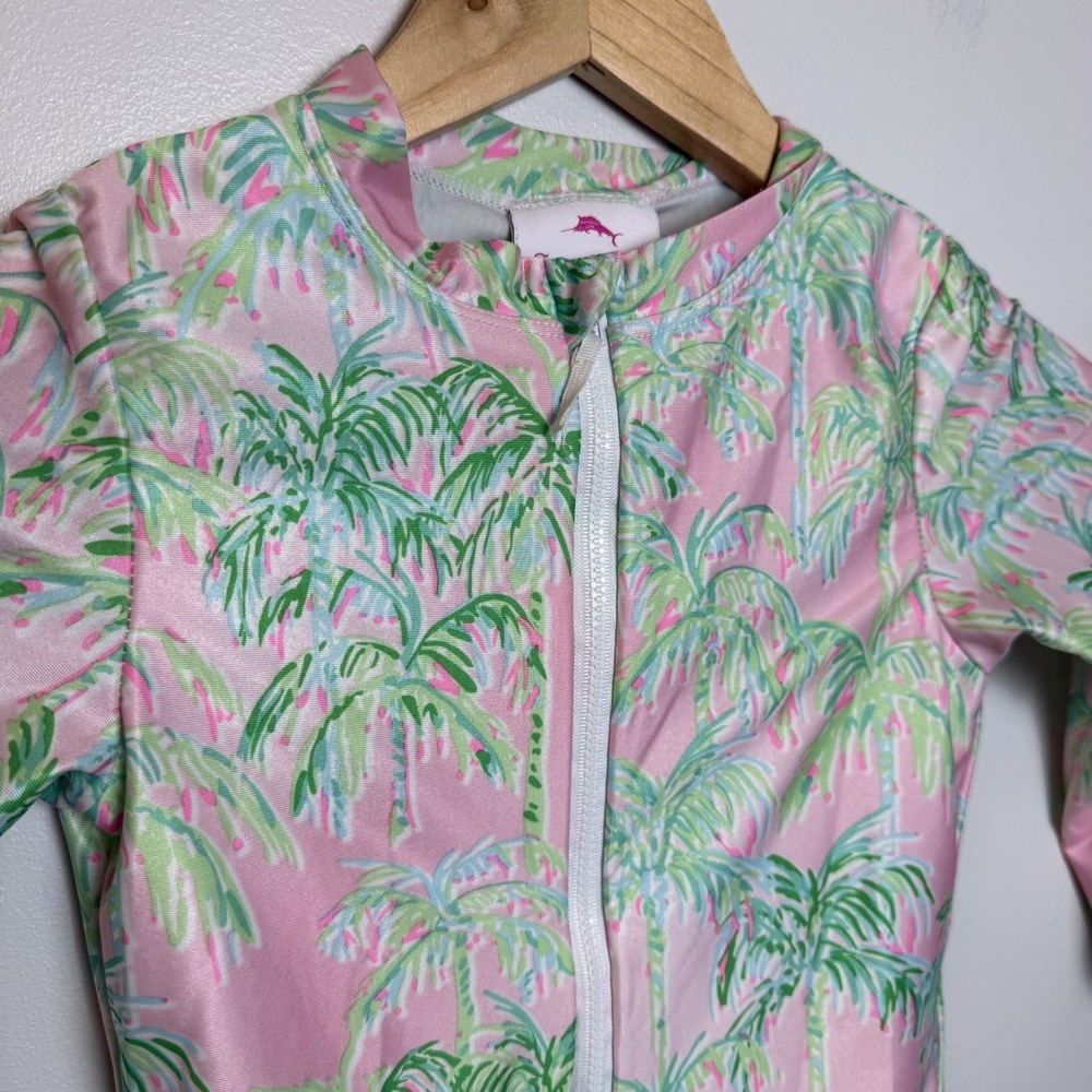 Tommy Bahama Girls Rash Guard Swimsuit Medium 7-8 Pink Palm Zip Long Sleeve